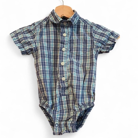 Vintage Oshkosh B'Gosh Blue Plaid Onesie Baby 9 Months - Picture 1 of 5